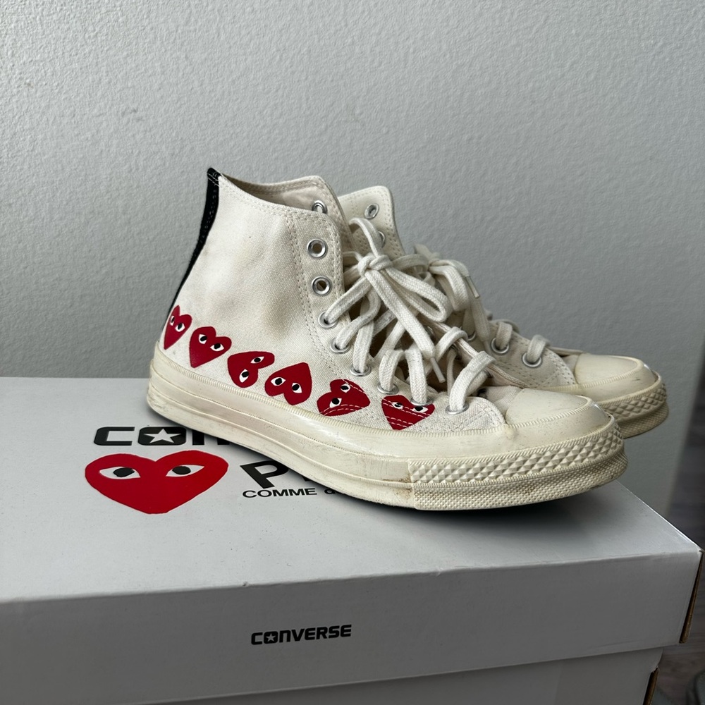 Converse Play x Comme des Garçons Cream High-Top Sneakers with Red Heart Row
